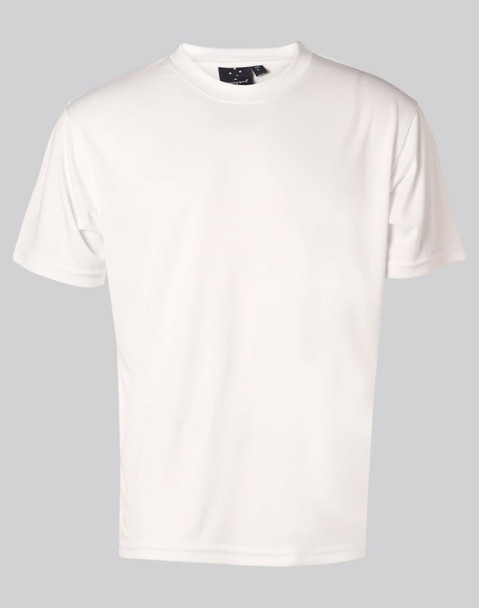 A white short sleeve tee with a lightweight fabric, featuring a logo on the collar area.