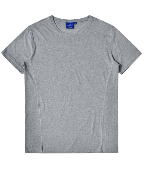 A grey short-sleeve t-shirt with a logo, featuring a smooth, heathered texture and a classic design.