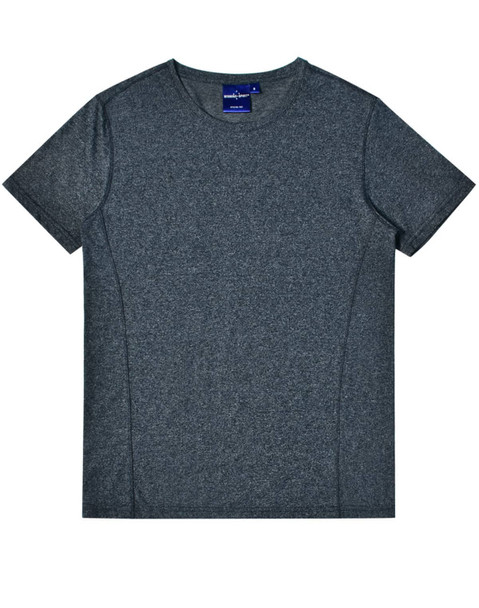 A grey heather short-sleeved men's t-shirt featuring a simple design and a logo on the neckline.