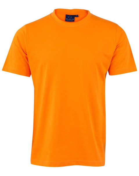 An orange, semi-fitted cotton T-shirt with short sleeves and a round neckline. It features a label inside the collar.