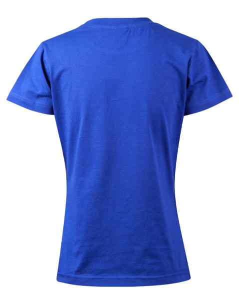 A blue semi-fitted cotton T-shirt for ladies, featuring a simple design and short sleeves.