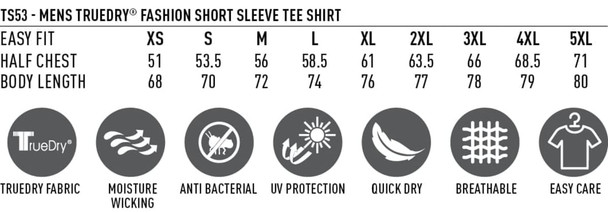 Promotional men's T-shirt in various sizes, featuring a logo, with a focus on breathable, quick-dry fabric and UV protection.
