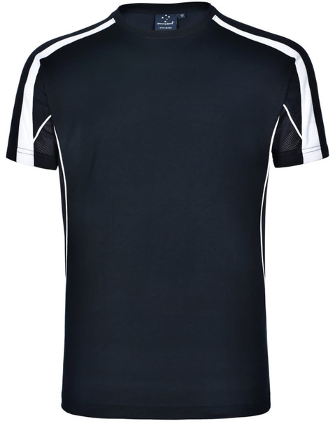 A black short-sleeve t-shirt with white side accents and a logo on the collar.
