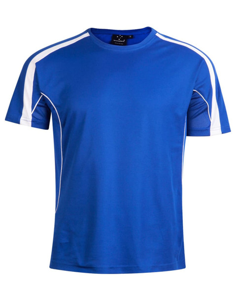 A blue short-sleeved t-shirt with white accents and a logo on the collar.