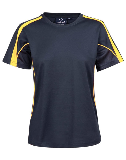 A ladies' black and yellow short-sleeve T-shirt with a logo, featuring a sporty design and contrasting side panels.