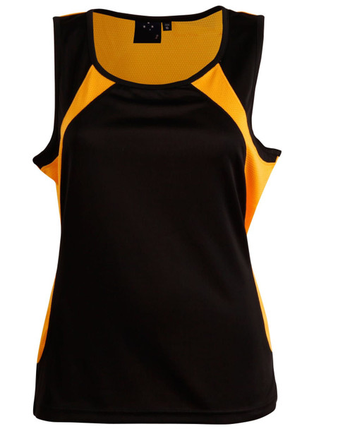 A black and yellow ladies' sprint singlet with a breathable design and a logo on the neckline. A black and yellow ladies' sprint singlet with a breathable design and a logo on the neckline.
