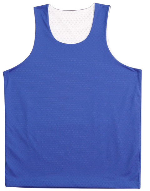 A blue adults' basketball singlet with a sleeveless design and a textured fabric, featuring a logo.
