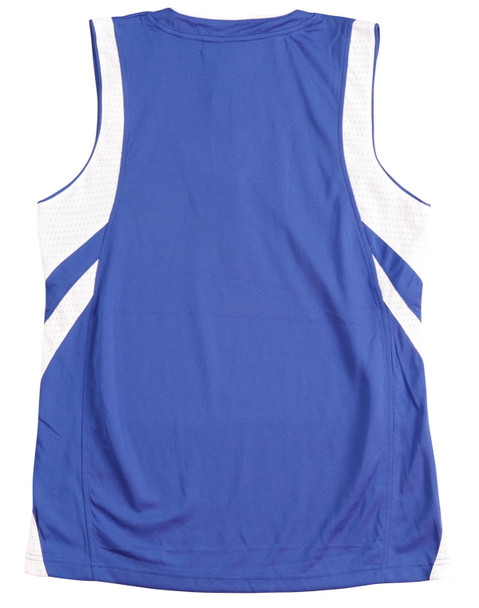A blue basketball singlet featuring white detailing and a logo on the back.