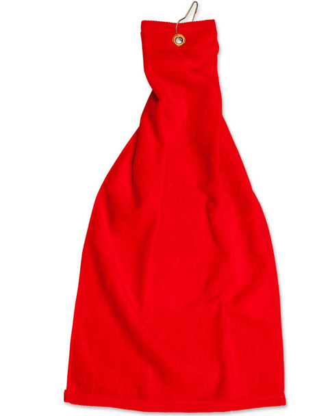 A red golf towel with an eyelet hook, measuring 38 x 65 cm, featuring a plain design and a metal eyelet. A red golf towel with an eyelet hook, measuring 38 x 65 cm, featuring a plain design and a metal eyelet.