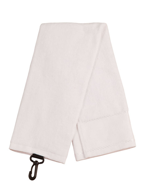 A white golf towel featuring a hook for easy attachment. It has a smooth texture and clean design.