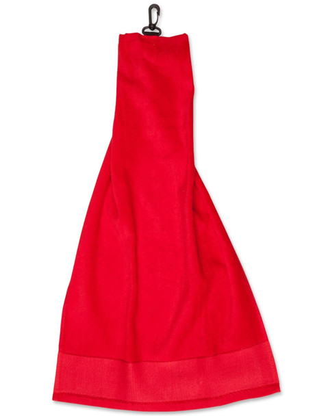 A red golf towel with a hook for easy attachment. It features a simple, elegant design.