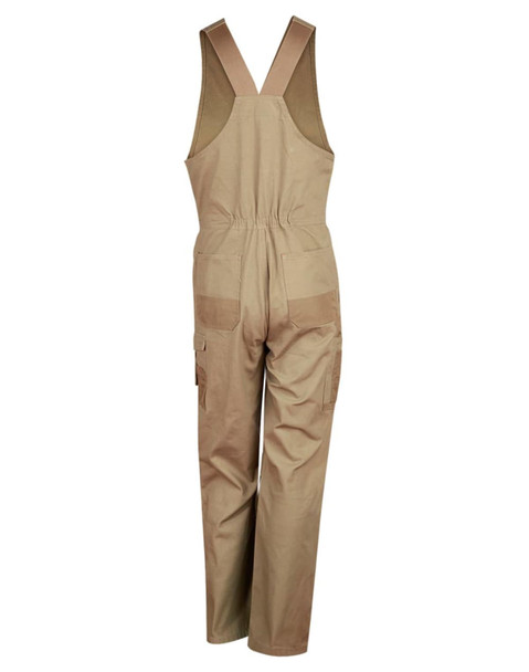 Men's DURA WEAR action back overall in khaki, featuring adjustable straps and multiple pockets. Includes a logo. Men's DURA WEAR action back overall in khaki, featuring adjustable straps and multiple pockets. Includes a logo.