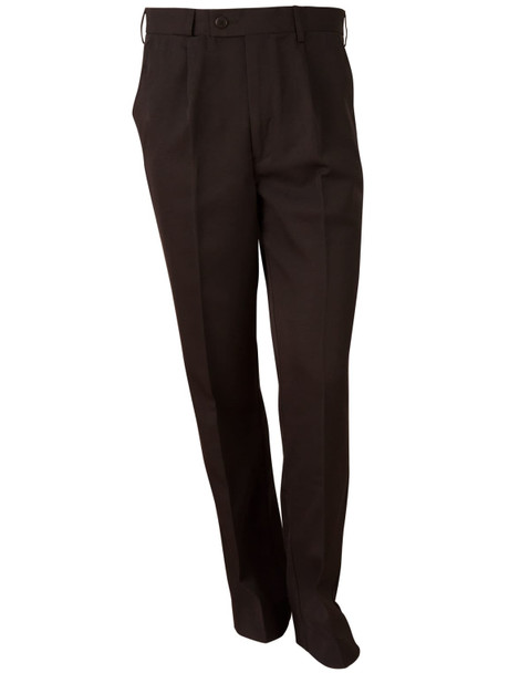 Men's permanent press pants in dark brown, featuring a straight-leg design and a button closure.