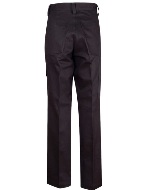 Black men's cotton drill cargo pants with knee pads, featuring pockets and a logo. Back view shown.