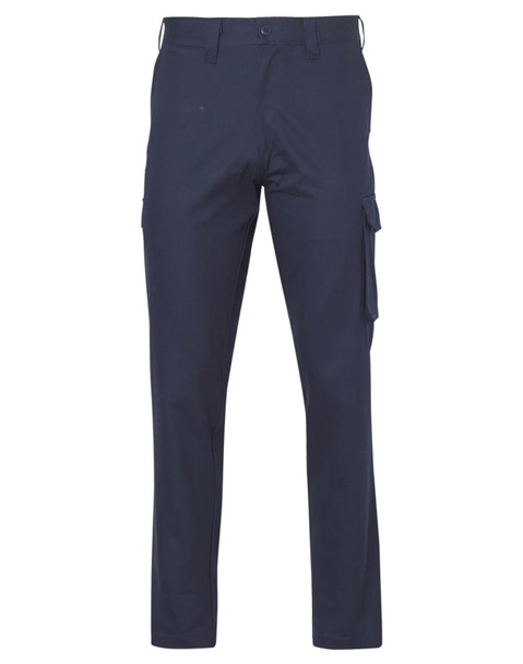 Navy cargo pants featuring side pockets and a regular fit, with a logo on the waistband.