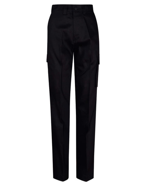 Black long-fit work pants featuring a drill pant pocket on the leg and a side cargo pocket. Black long-fit work pants featuring a drill pant pocket on the leg and a side cargo pocket.
