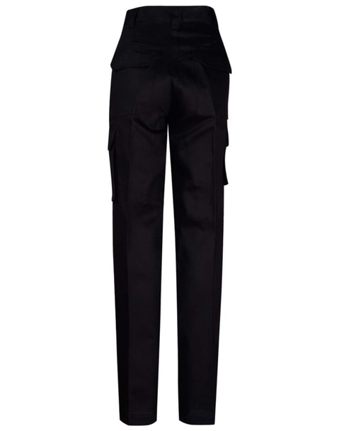 Black long fit work pants with multiple pockets and a logo at the waistband. Rear view displayed. Black long fit work pants with multiple pockets and a logo at the waistband. Rear view displayed.