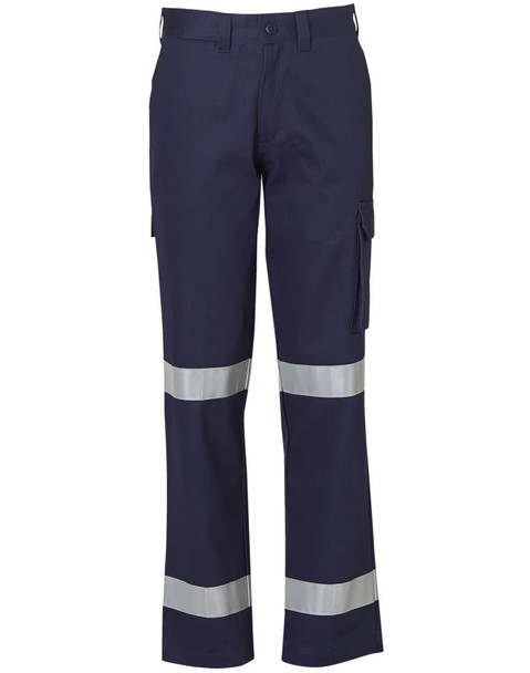 Heavy cotton drill cargo pants in navy blue with reflective 3M tape detailing and pockets, featuring a brand logo.