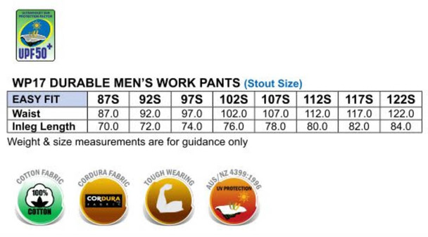 A chart detailing sizes and measurements for Heavy Duck Weave Dura-Wear Work Pants in stout size. Features variations in waist and inseam lengths.