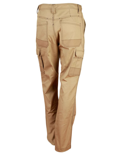 Lightweight semi-fitted Cordura work pants in beige, featuring multiple pockets and a logo. Rear view displayed. Lightweight semi-fitted Cordura work pants in beige, featuring multiple pockets and a logo. Rear view displayed.