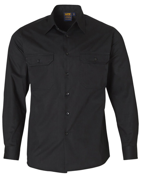 A long-sleeve black cotton work shirt featuring two chest pockets and a button-up front, with a logo on the label. A long-sleeve black cotton work shirt featuring two chest pockets and a button-up front, with a logo on the label.
