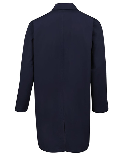 A navy lab coat with long sleeves and a back vent, featuring a collar and branding details.