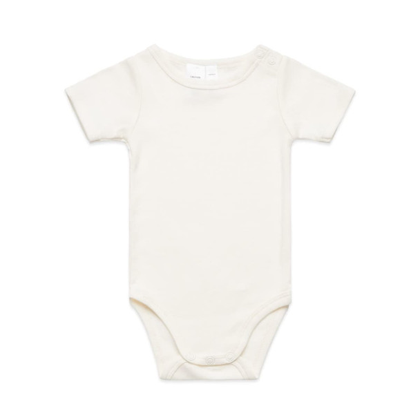 A cream-coloured infant one-piece with short sleeves and snap closures at the shoulder and bottom. It has a logo.