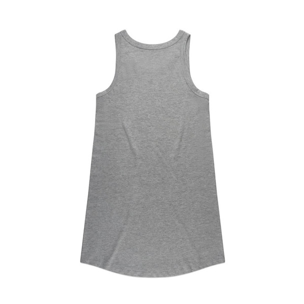 A grey sleeveless dress with a rounded hem and a simple design. Features a brand logo.