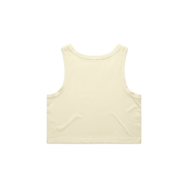 A pale yellow crop singlet featuring a simple design and a logo on the back. A pale yellow crop singlet featuring a simple design and a logo on the back.