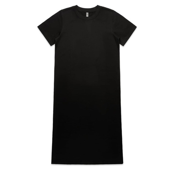 A black, short-sleeved long dress with a simple design and a small logo on the label.
