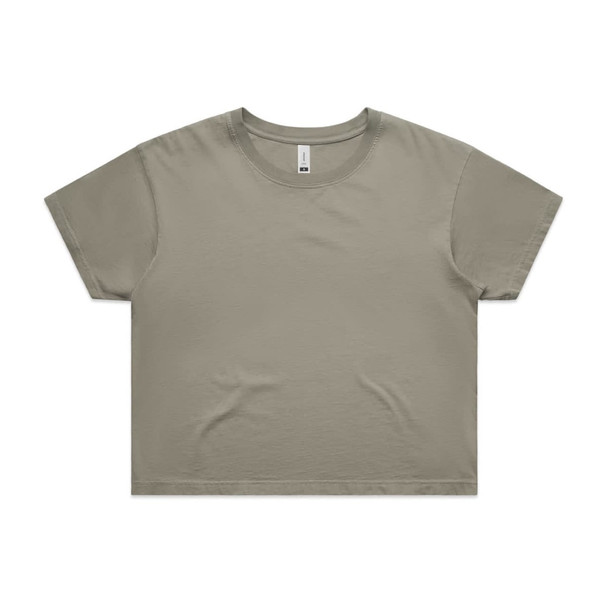 A cropped t-shirt in a faded olive green, featuring a simple design and a logo. A cropped t-shirt in a faded olive green, featuring a simple design and a logo.