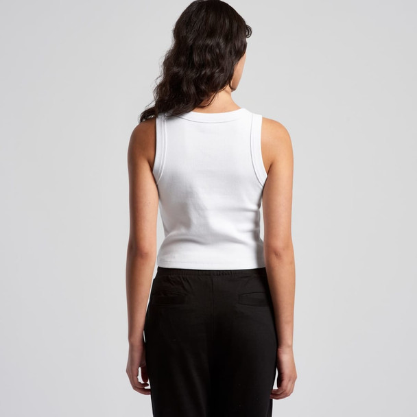 A white rib crop tank top viewed from the back, featuring a fitted design. The image includes a branding logo.