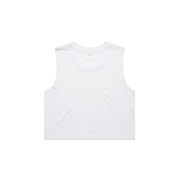 A white crop tank top with a sleeveless design and a plain back. The product features a logo.