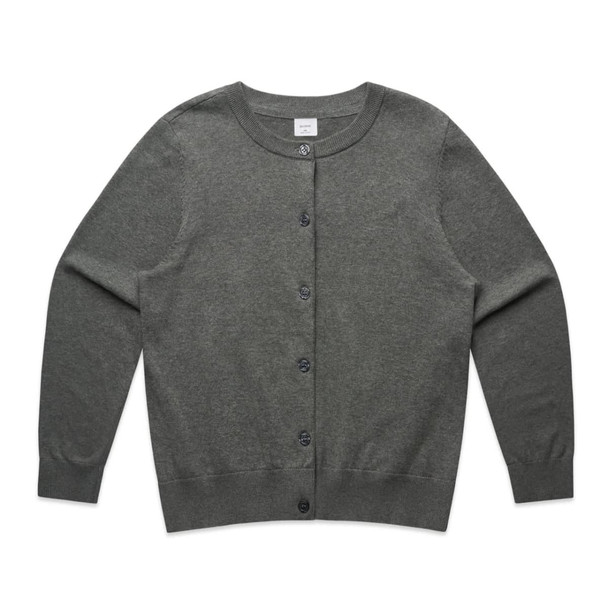 A grey knit cardigan with a round neckline and front button closure, featuring long sleeves and ribbed hem. A grey knit cardigan with a round neckline and front button closure, featuring long sleeves and ribbed hem.
