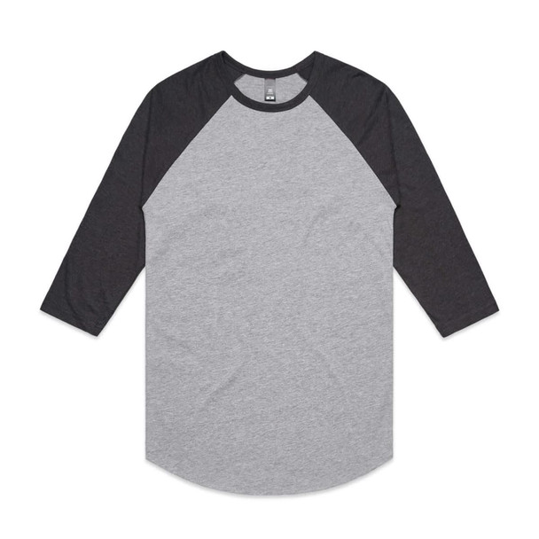 A grey and charcoal raglan tee with three-quarter sleeves and a round hem, featuring a logo. A grey and charcoal raglan tee with three-quarter sleeves and a round hem, featuring a logo.