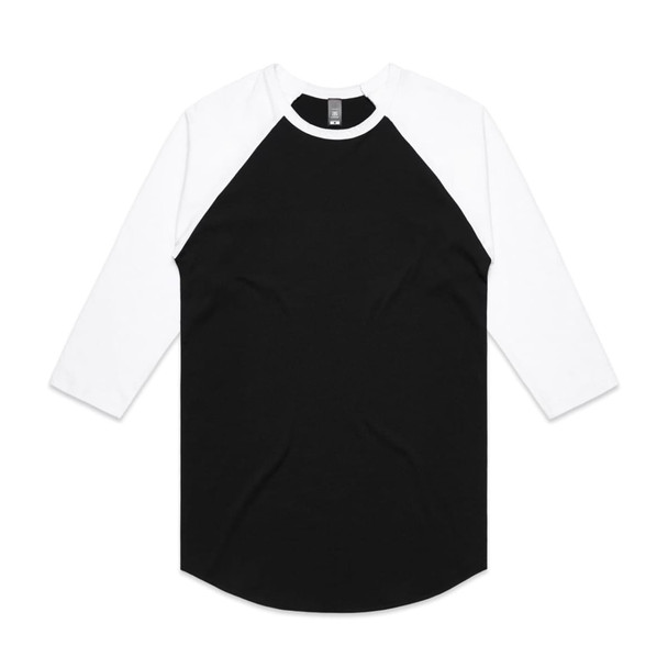 A black and white raglan tee with three-quarter sleeves and a label at the neckline. A black and white raglan tee with three-quarter sleeves and a label at the neckline.