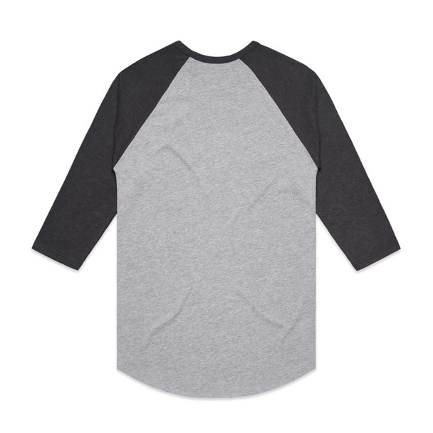 A grey and black raglan tee with three-quarter sleeves, featuring a smooth back design and a logo. A grey and black raglan tee with three-quarter sleeves, featuring a smooth back design and a logo.