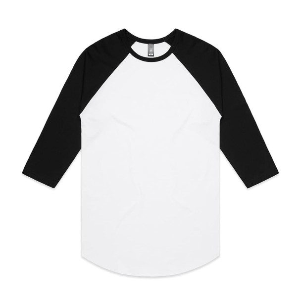 A raglan tee featuring a white body with black sleeves, designed with a round neckline and a logo. A raglan tee featuring a white body with black sleeves, designed with a round neckline and a logo.
