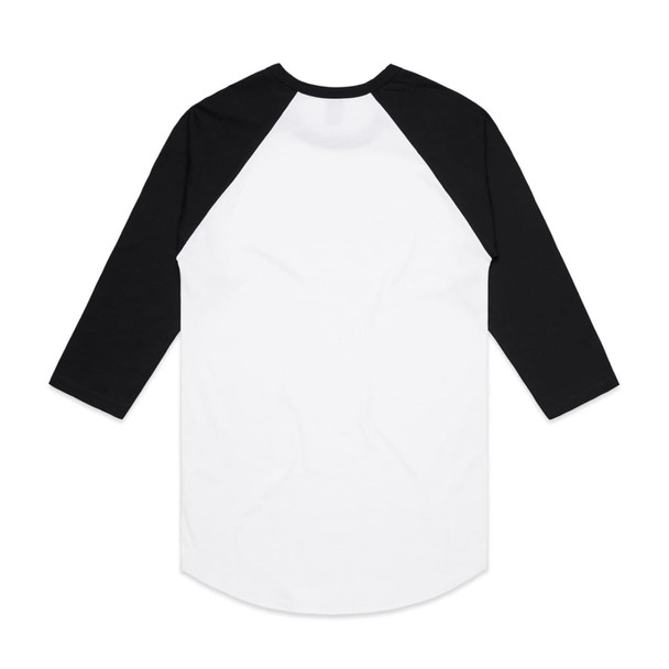 A raglan tee featuring a white body with black sleeves. The back view showcases the contrasting colours and a logo. A raglan tee featuring a white body with black sleeves. The back view showcases the contrasting colours and a logo.