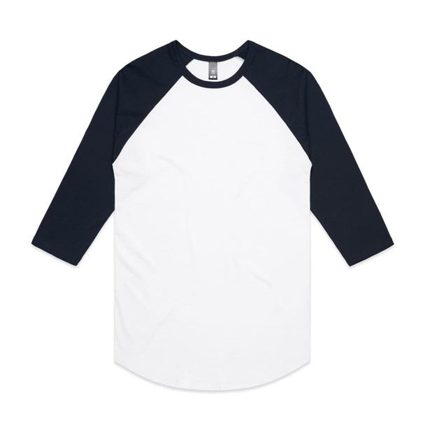 A Raglan Tee featuring white body and navy blue sleeves, with a logo on the label. A Raglan Tee featuring white body and navy blue sleeves, with a logo on the label.