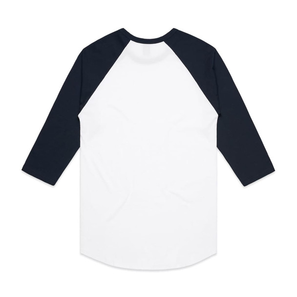 A raglan tee featuring a white body with navy blue sleeves. The back view showcases a classic design with a curved hem. A raglan tee featuring a white body with navy blue sleeves. The back view showcases a classic design with a curved hem.