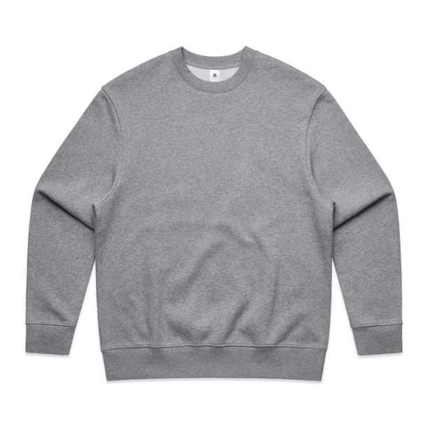 A grey sweatshirt with long sleeves and a crew neck, featuring a subtle branding logo.