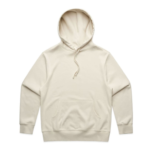 A cream hoodie with a front pocket and drawstring hood. It has a logo on the chest area.