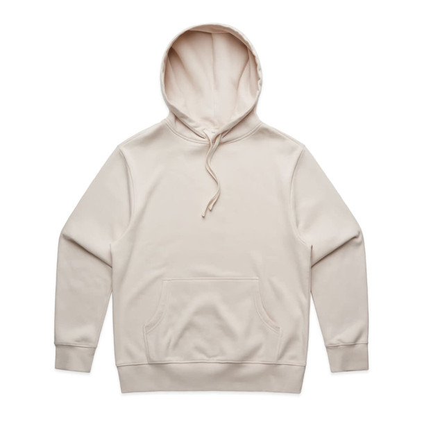 A beige hoodie featuring a front pocket and a drawstring hood. The garment has a branding logo.