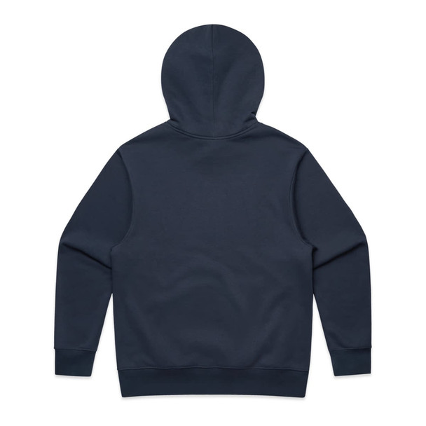 A navy blue hoodie featuring a hood and long sleeves, with a plain back and no visible logos or branding.