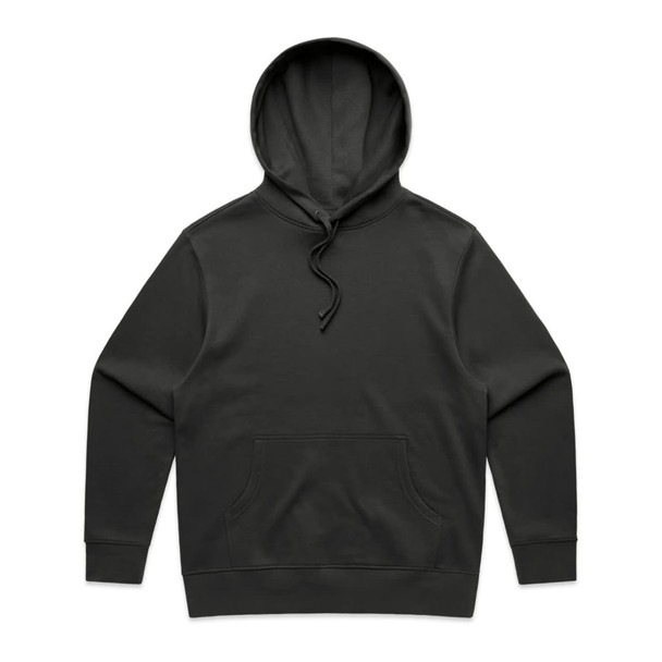 A black hoodie with a spacious front pocket and a drawstring hood. It features a logo on the front.