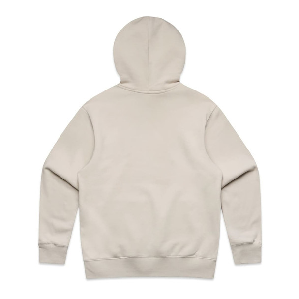 A beige hoodie with a hood, featuring a logo on the back and a relaxed fit.