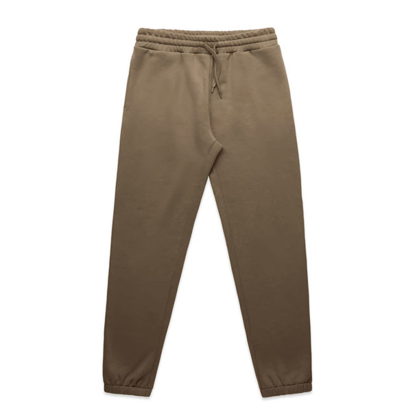 Khaki track pants featuring an elastic waistband and cuffs, alongside a logo. 