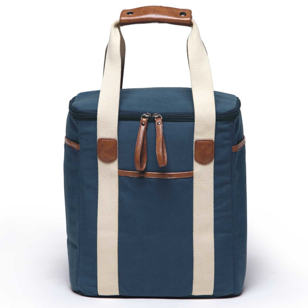 A drink cooler with a teal exterior, cream straps, and brown leather accents, featuring a zippered closure and pocket.