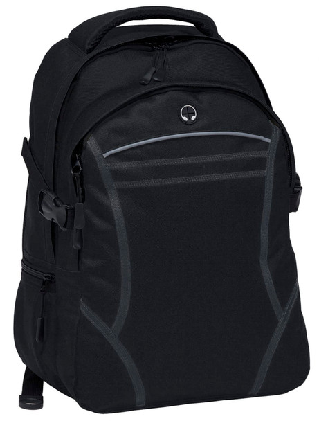 A black backpack featuring multiple compartments, adjustable straps, and a logo on the front.